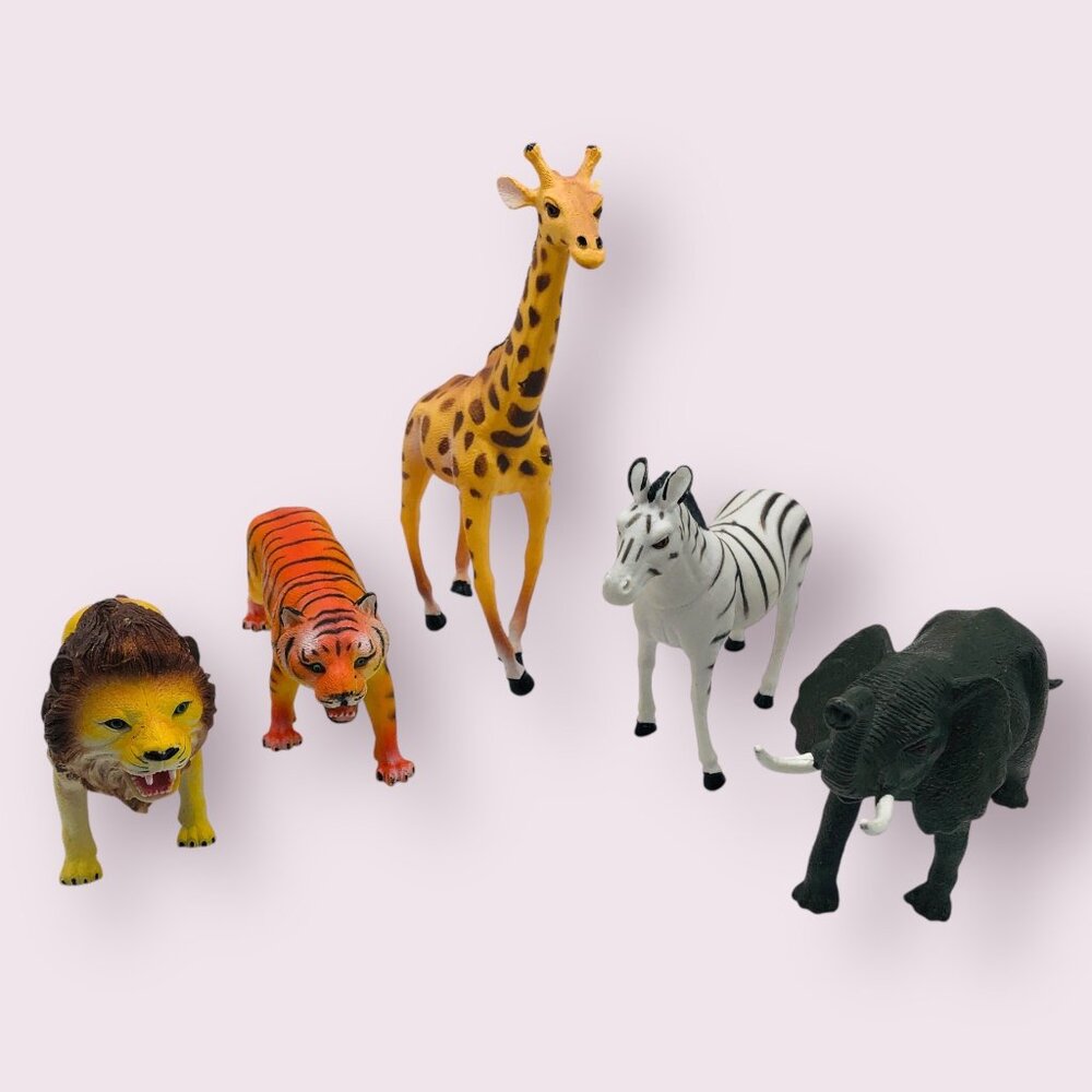 Lot of 5 Rubber Zoo Animals Lion Tiger Giraffe Zebra Elephant Homeschool